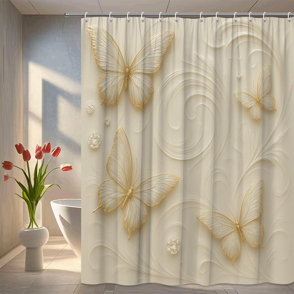 

Golden Butterfly Shower Curtain Elegant Cream Background With 3D Pattern Waterproof Easy To Install Enhance Your Space W60H190(CM)-1 Pcs