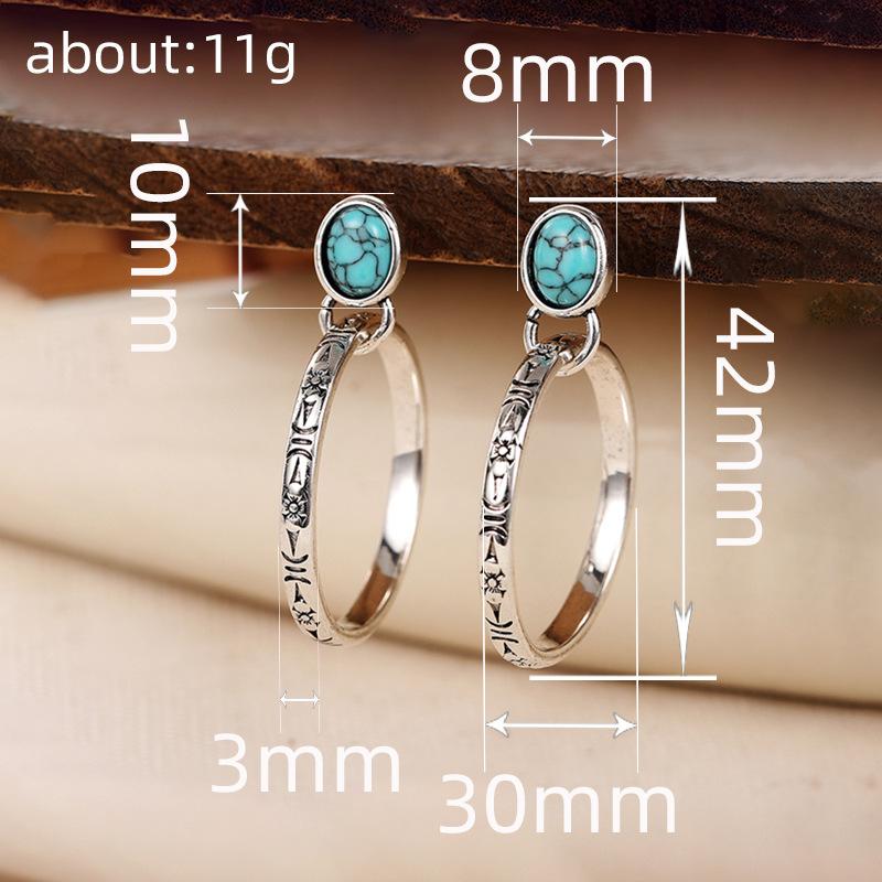 European and American earrings, round engraved inlaid oval imitation turquoise earrings, bohemian retro earrings