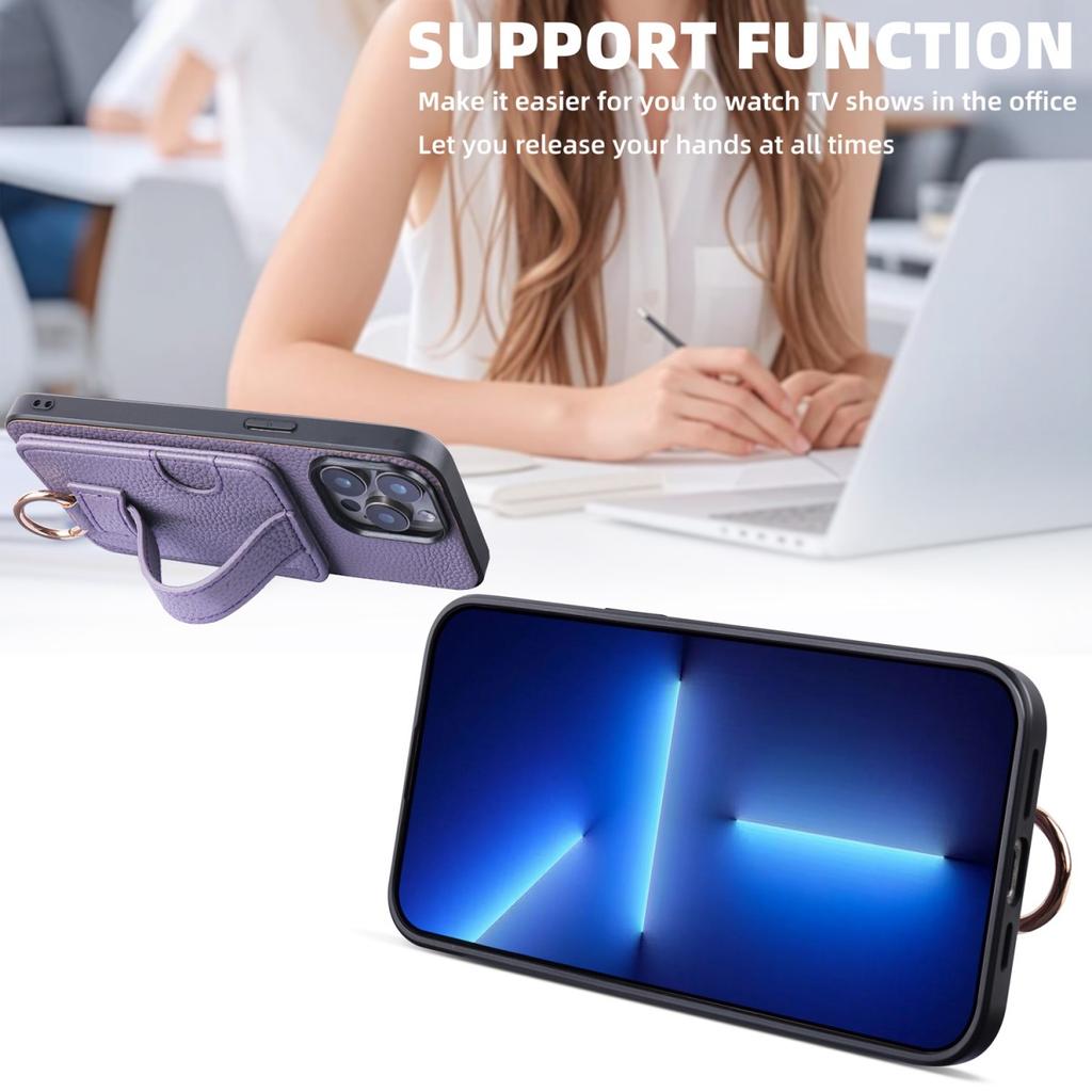 High End TPU+PU Leather Purple Case for iPhone 11 13 12 14 15 16e Pro Max Fashion Wrist Strap Ring Grip Card Holder Wallet Sleev
