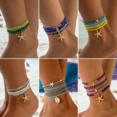 Bohemian Starfish Shell Anklet Set for Women, Beach Ocean Sea Wave Ankle Bracelet, Colorful Beaded Foot Jewelry, Summer Vacation Nautical Toe Chain