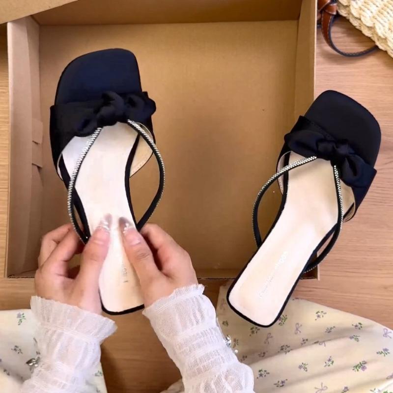 

New Summer Sandals and Slippers Women Wear Square Toe Open Toe Bow Rhinestone with Soft Sole Non-slip Flip-flops 40 чорний