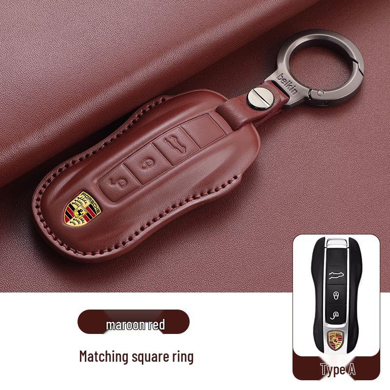 Genuine Leather Key Case for Porsche: Macan, 718, 911, Cayenne, Panamera – Protective Buckle