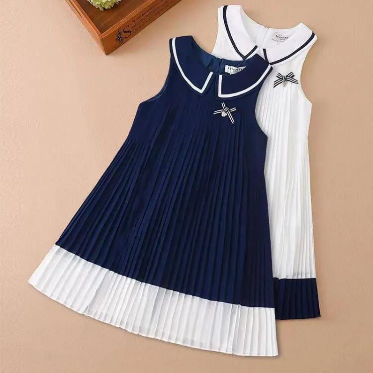 Robes plissées fraîches de style universitaire d'été pour filles, robes sans manches mignonnes et confortables pour enfants de taille moyenne et grande