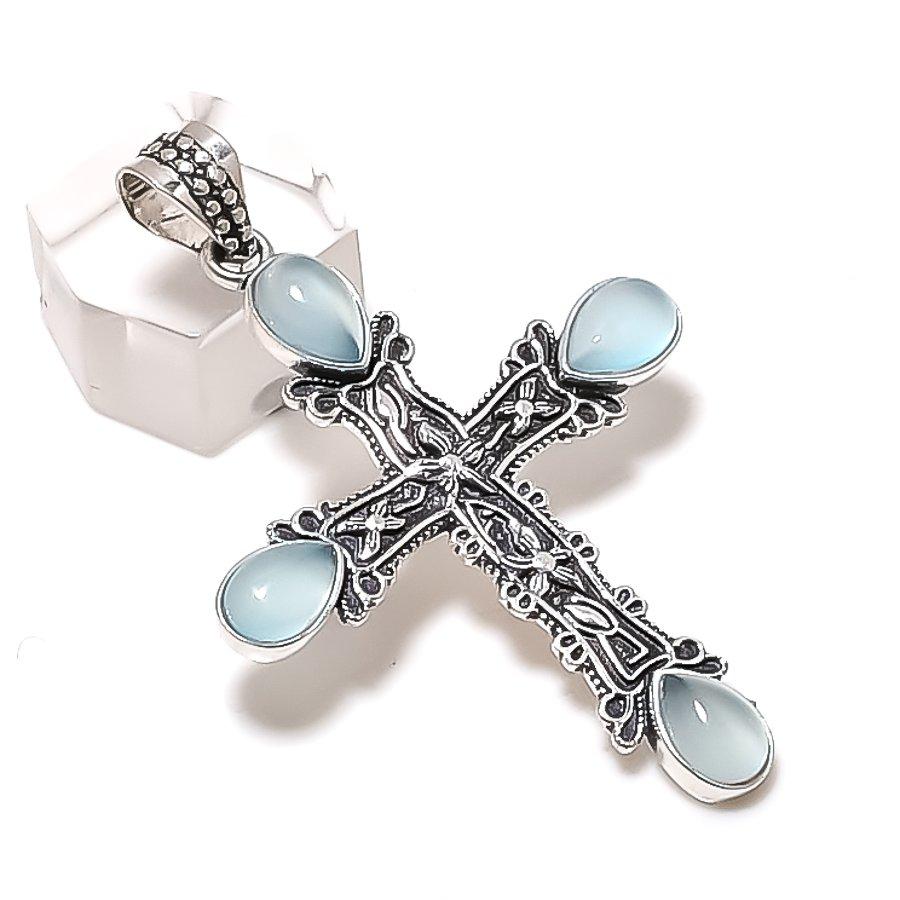 Natural Aqua Chalcedony Gemstone 925 Sterling Silver Jewelry Pendant 2.36  ETC-13932