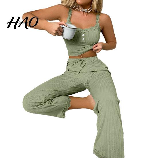 Women Pajamas 2 Pcs/Set Pants Top Suit Low-cut V Neck Sleeveless Solid Color Shirring Drawstring High Sleepwear Set Elastic Waist Lace Summer Homewear