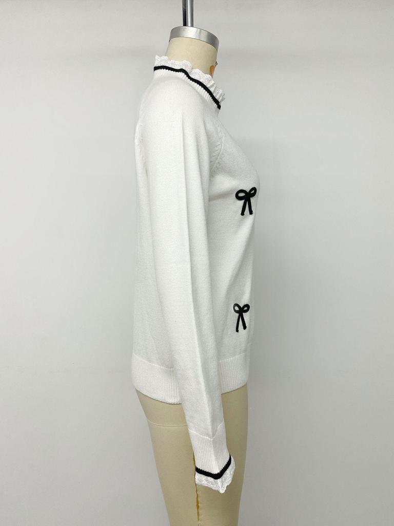 Autumn/Winter 2026 Color Block Bow Lace Patchwork Sweater for Women