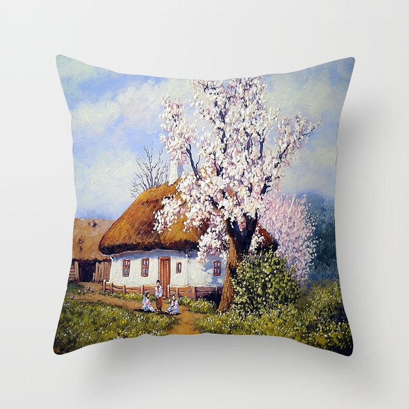 Retro Sofa Chair Home Decoration Oil Painting Pillowcase Pastoral Scenery Flower and Bird Cushion Cover Living Room Ornament