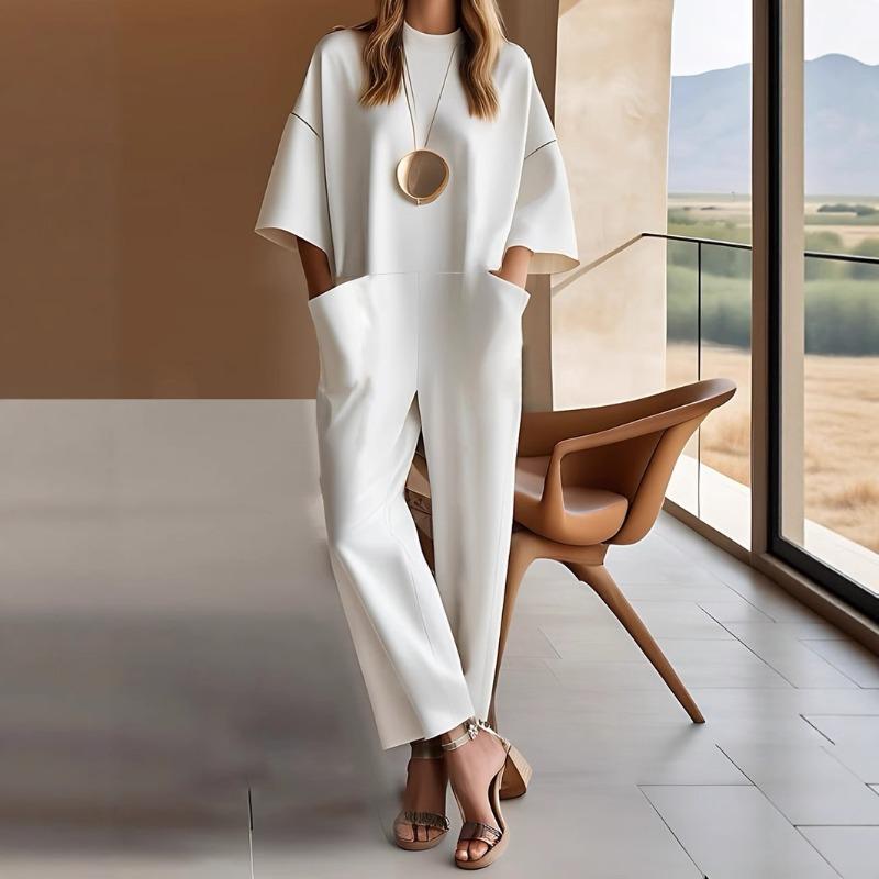 Women's Round Neck Five-point Sleeve Pockets Solid Color Long Jumpsuit