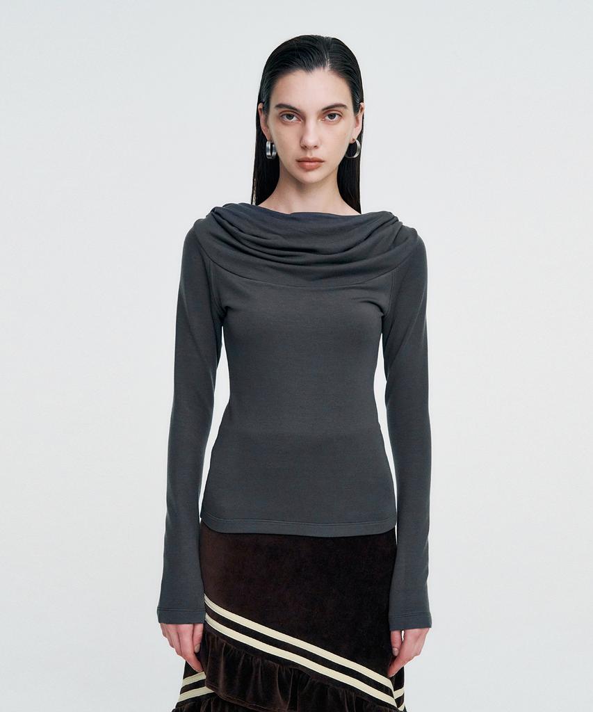 Cowl Neck Soft Slim Hoodie _ Charcoal