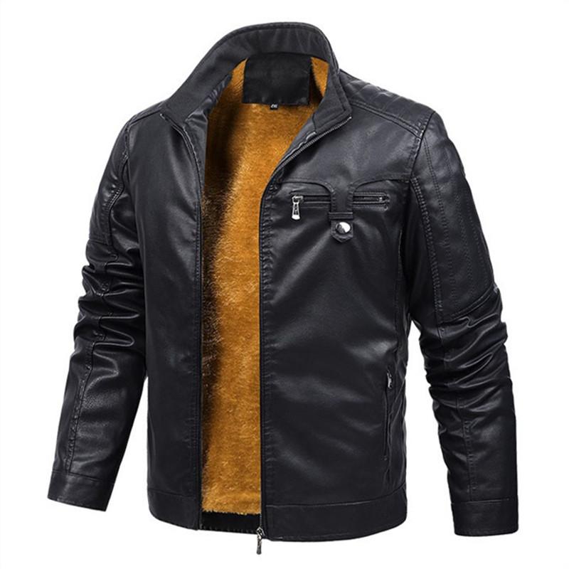 Winter Men's Retro Leather Jackets Warm Fleece Motorcycle Coat Fashion Windproof Moto Biker Male PU Leather Outwear Solid Coats