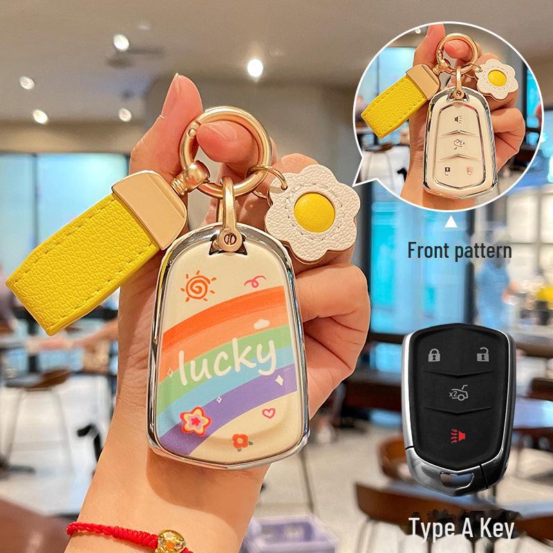 Cadillac CT5 Rainbow Cartoon Pattern Key Cover: Full Package TPU Protective Shell for XT5/XT4/XT6 Model.