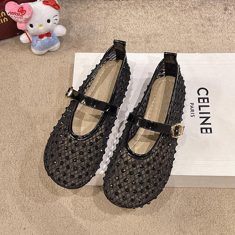 Stylish mesh rhinestone catwalk shoes round head Mary Jane shoes breathable flat ballet single shoes women's summer