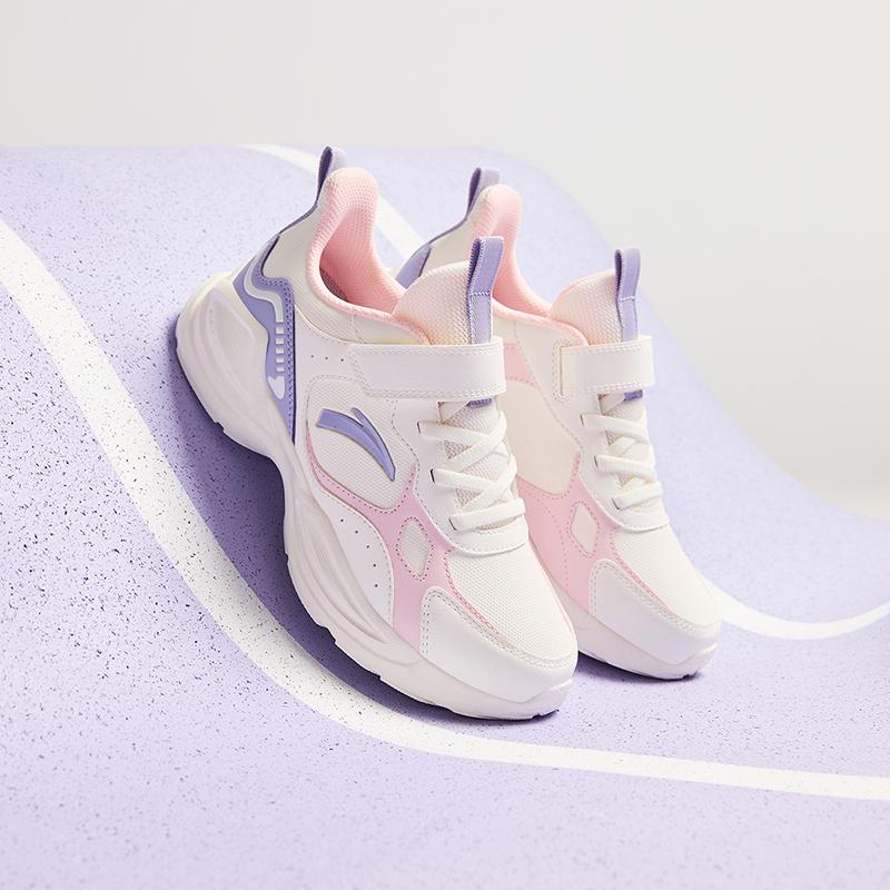 Anta Kids Synthetic Leather Fabric Trendy Versatile Lightweight Shock Absorption Low-Top Running Shoes Kids Sneakers White Pink Purple A22445577N-1