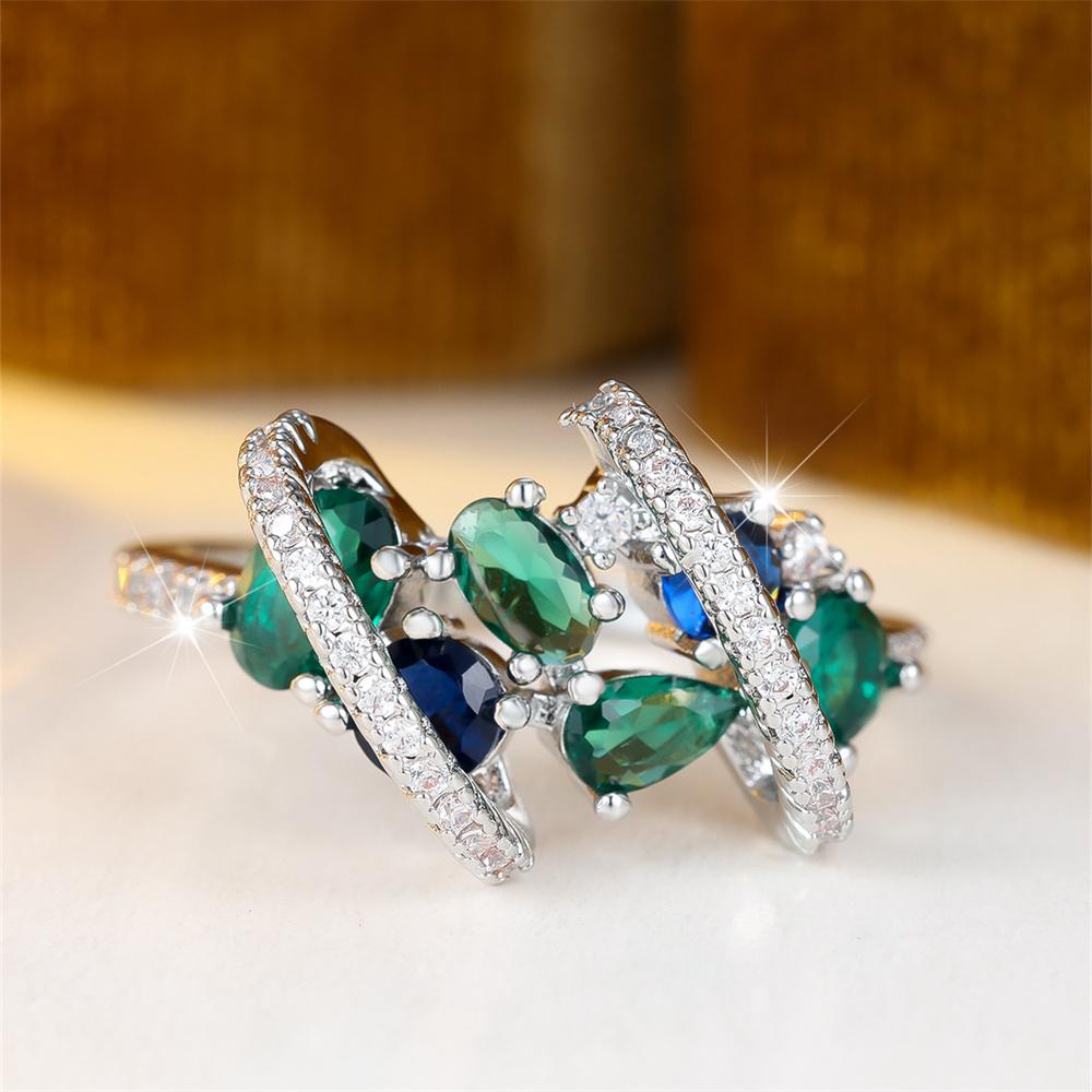 Green Crystal Geometric Stone Blue Zircon Rings For Women Vintage CopperColor Engagement Wedding Jewelry Bridal Valentine Gifts