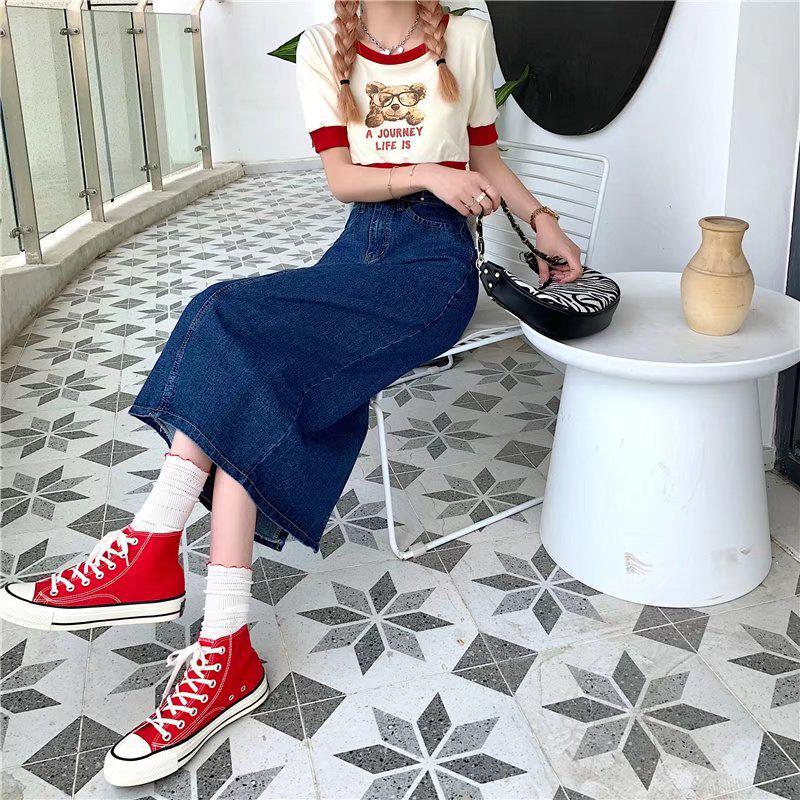 Autumn 2024 Women's High Waist A-Line Denim Midi Skirt