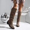 Large Size Ankle Boots for Women in Autumn and Winter, New Style, European Leopard Print, Pointed Toe, Tall Boots with Pleated and Layered Design.