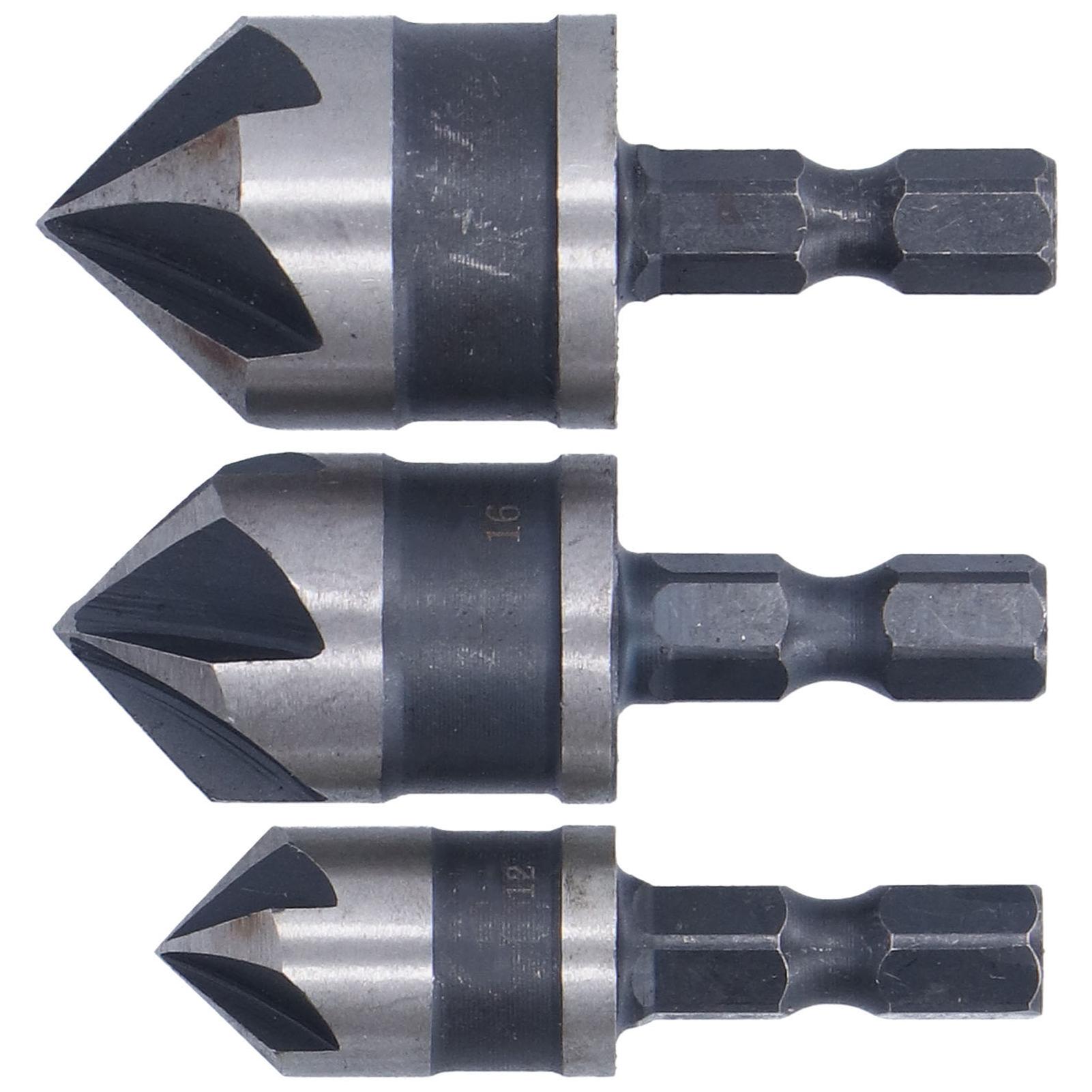 

3Pcs Chamfer Drill Bit 5 Flute Hex Shank High Speed Steel Woodworking Countersink Hole Opener