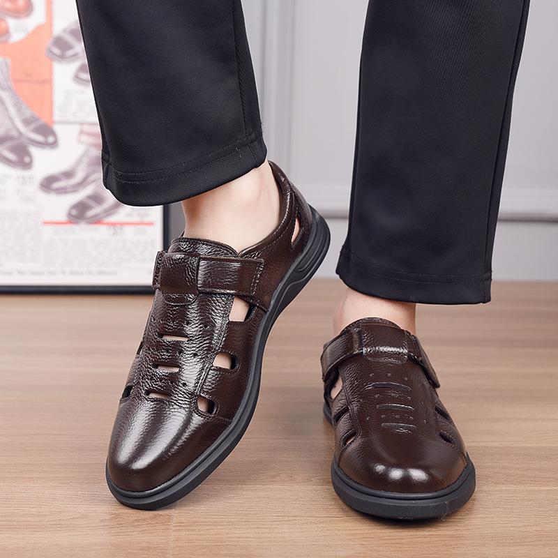 First Layer Cowhide Sandals Men'S Leather Hole Leather Shoes Hollow Breathable Dad Shoes Bag Head Leather Sandals