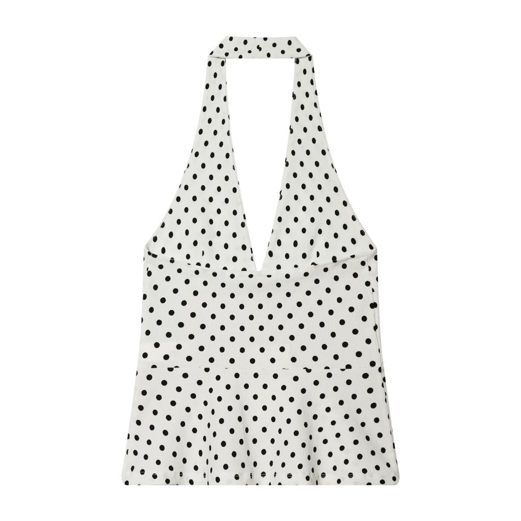 European and American style, new women's clothing, deep V elastic polka dot neck collar top, elastic flared pants.