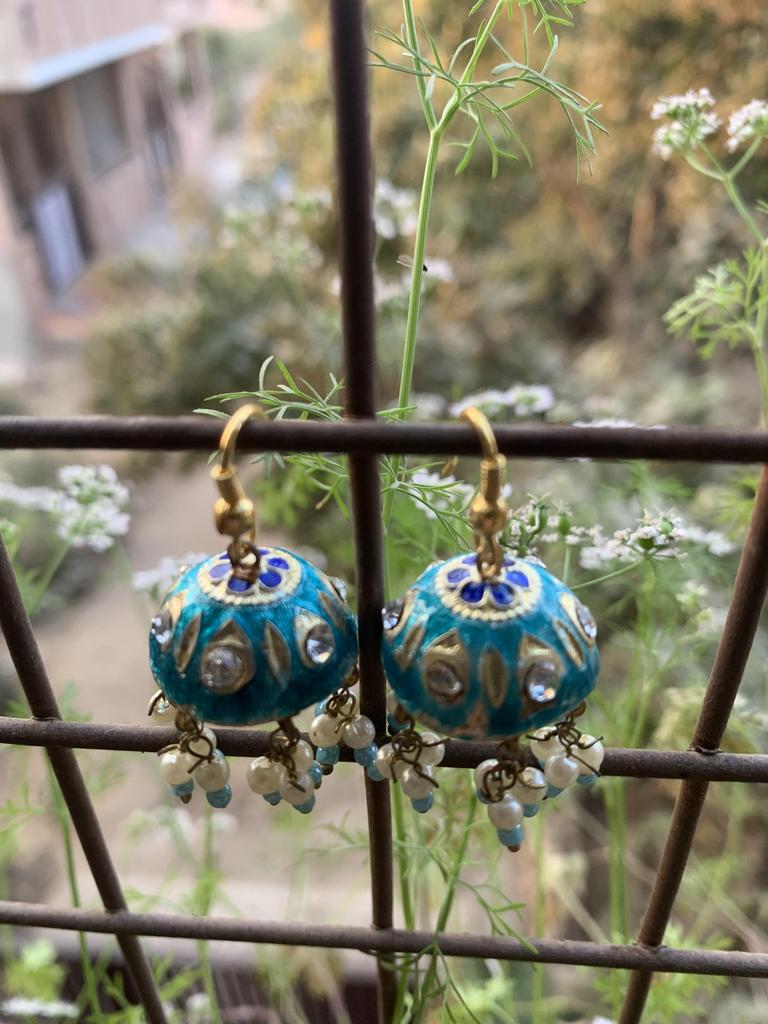 Handcrafted Blue Enamel Jhumka Earrings with Pearl Beads | Traditional Indian Lacquer Dangle Earrings