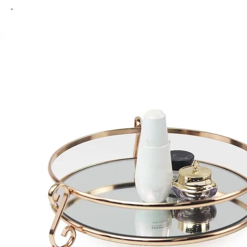 Tavă de Depozitare Oglindă de Sticlă pentru Casă în Stil European, Afișaj Creativ Geometric din Fier Forjat, Rotund s Ornamente