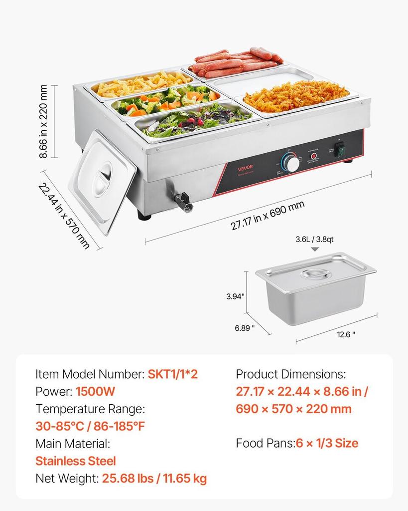 Commercial Food Warmer, 1500W Electric Stainless Steel Steam Food Warming with Lid, 6-Pan Fast Heating Countertop Buffet Bain Marie with Power Cord,