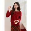 Women's Festive Red 3D Floral Alpaca Blend Sweater