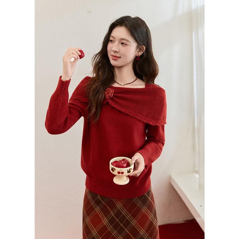 Women's Festive Red 3D Floral Alpaca Blend Sweater