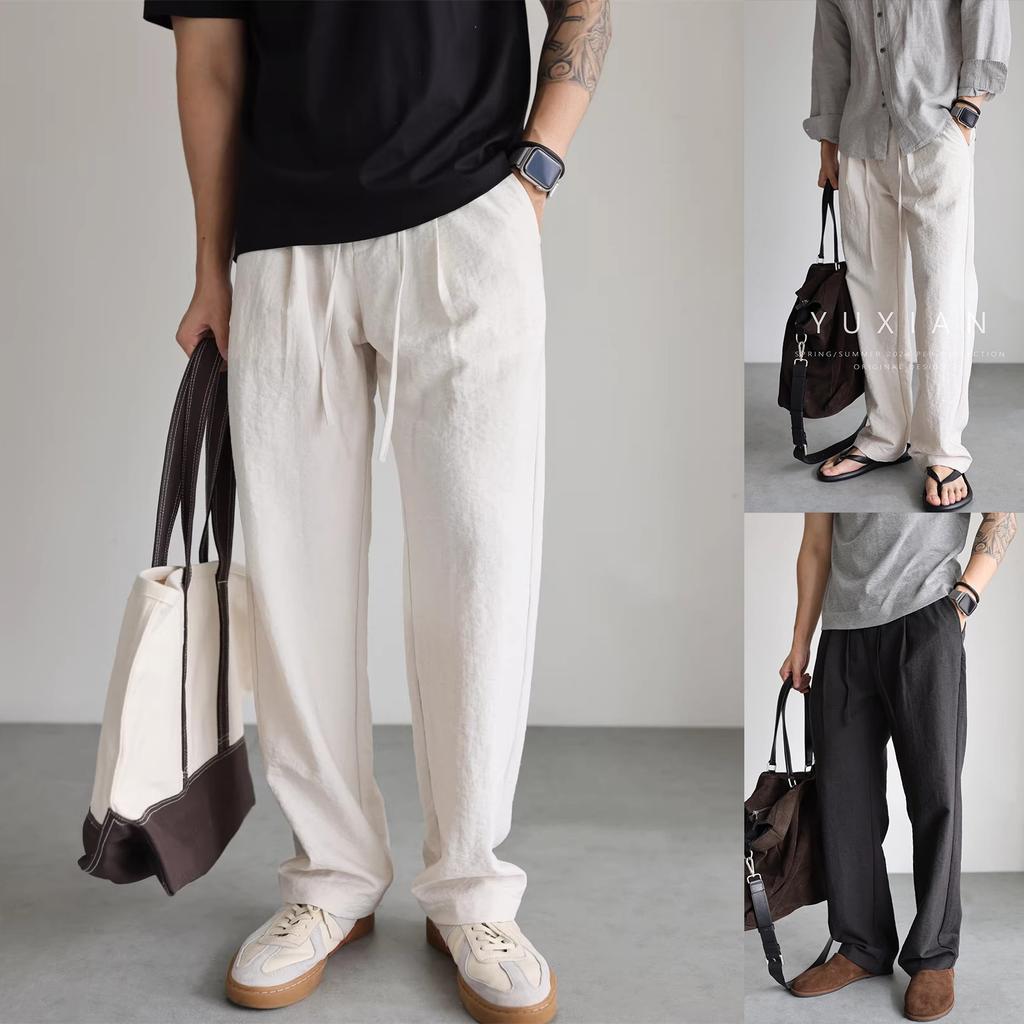 Ice silk linen trousers non-wrinkled elastic waist mopping wide-leg trousers men's polyester imitation linen process