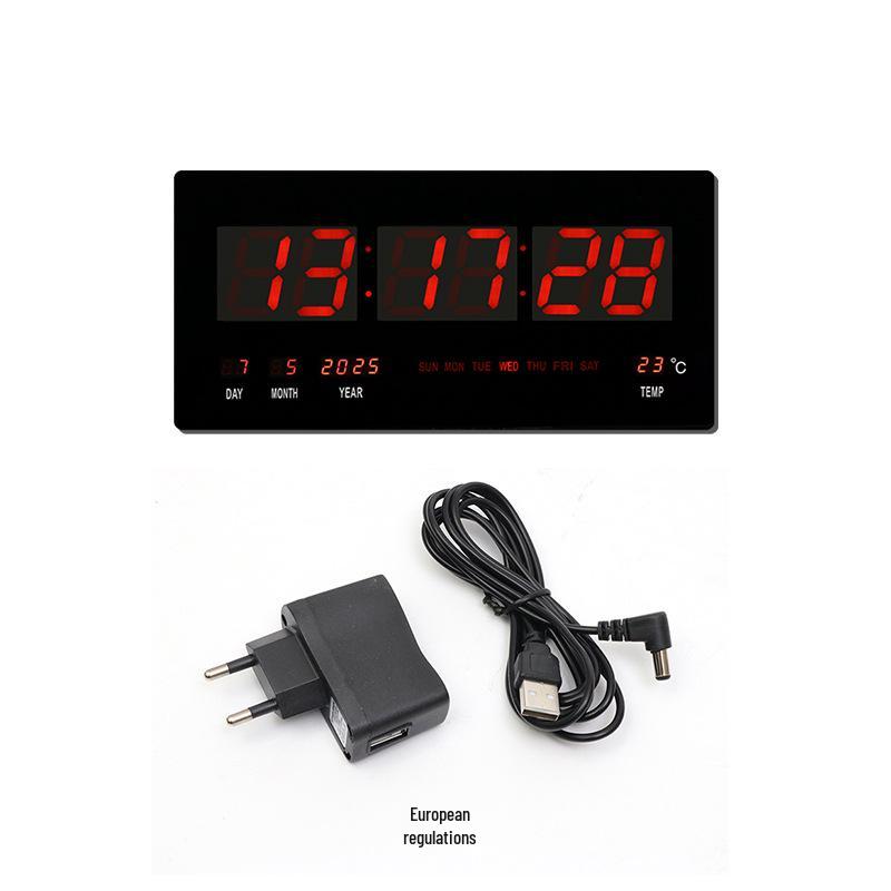 Large LED Digital Wall Clock with Perpetual Calendar - Red Numbers