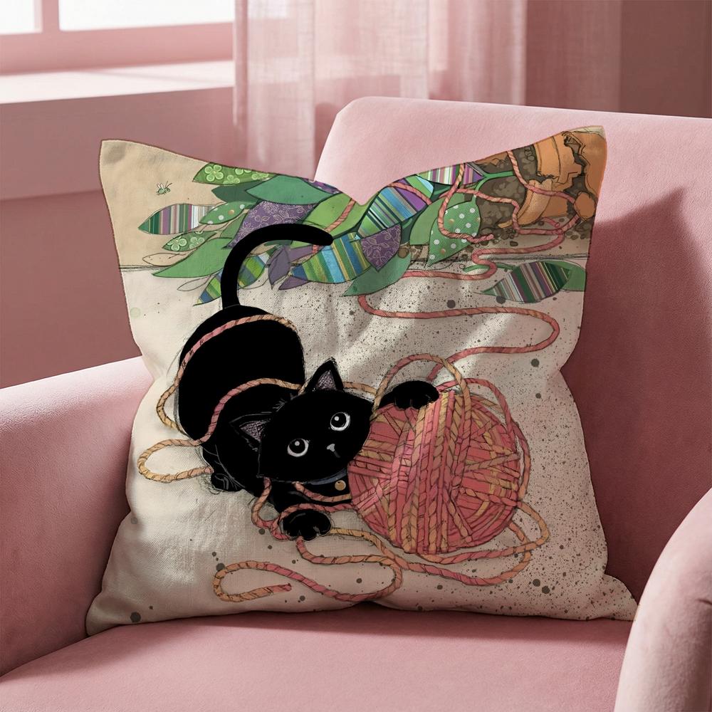 Cartoon Little Black Cat Cushion Cover Multi-Scene Pillow Cover for Home & Car - Reversible, Soft & Durable for Daily Use