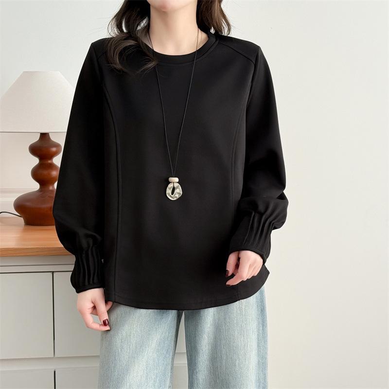 

Plus Size Women s Spring Air Cotton Sweatshirt with Pleated Cuffs - Long Sleeve Casual Versatile Top 3XL чёрный