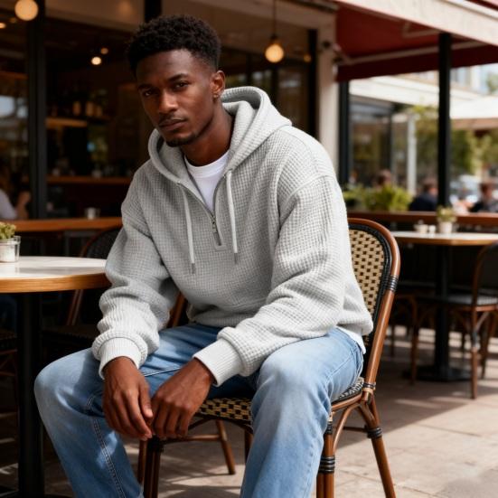 Men Quarter Zip Hoodie Waffle Hooded Sweatshirt Loose Fit Casual Pullover with Drawstring Pocket for School Gym Streetwear