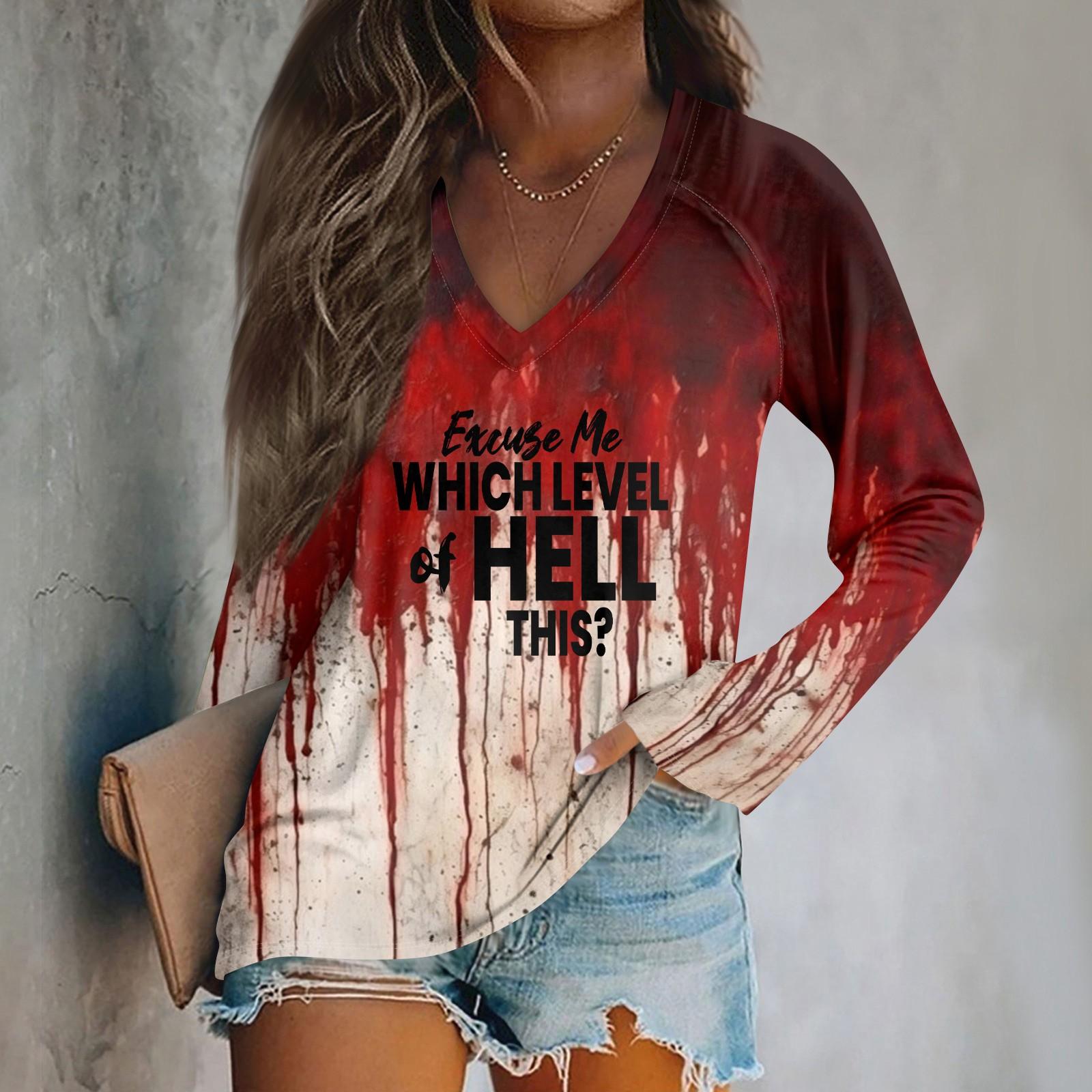 

Женский модный повседневный топ с длинным рукавом и принтом на Хэллоуин с V-образным вырезом M чёрный