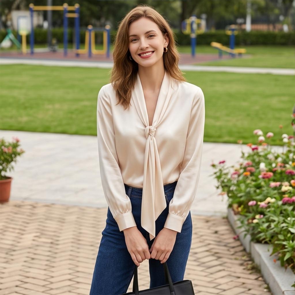 Women's Satin Blouse with Tie Front V-Neck Long Sleeve for Work and Casual Wear