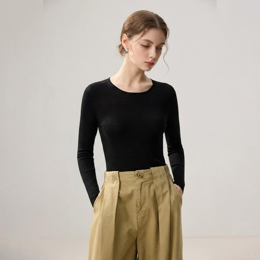 Premium Slim-Fit 100% Pure Wool Women's Round Neck Knit Sweater - Perfect for Autumn and Winter 