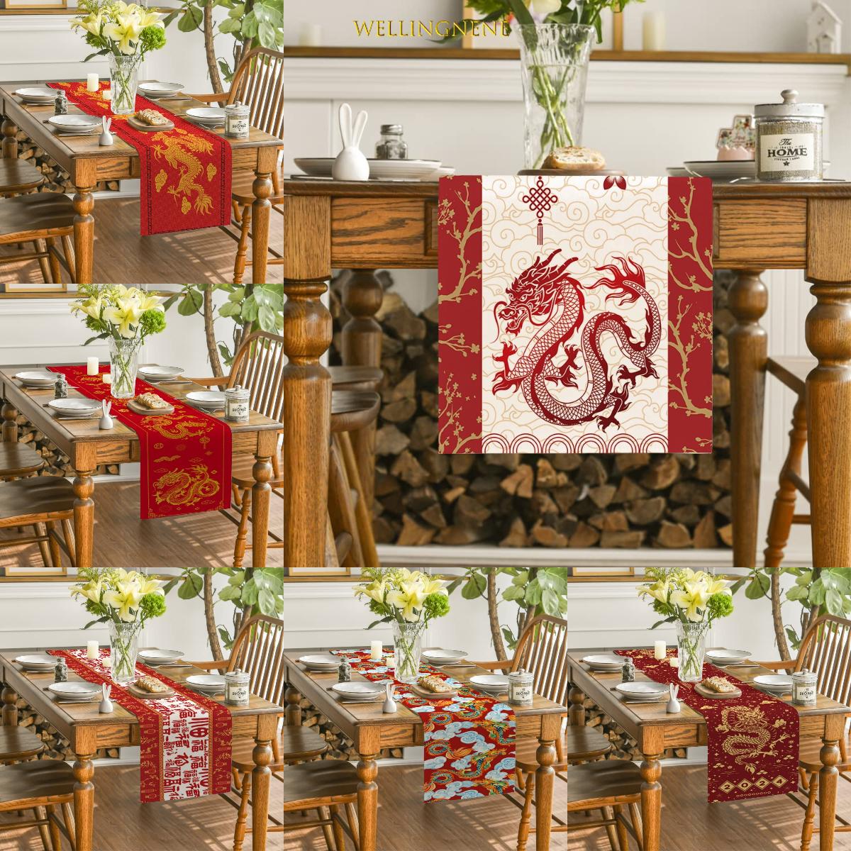 

Китайский Новый год, дорожка для стола, флаг, красный дракон, ретро-текстура, обеденная скатерть, вечерние украшения для банкета
