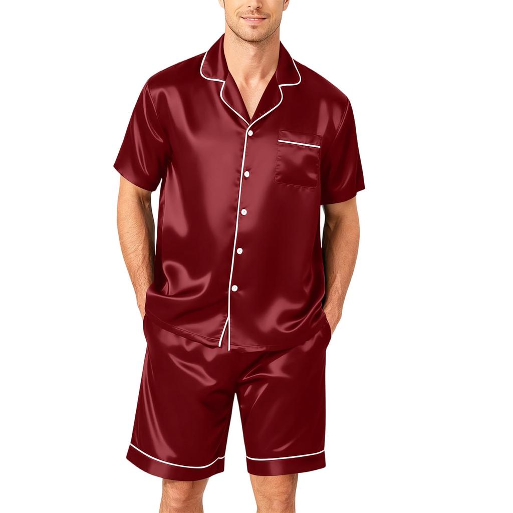 Men's Short Sleeve Pajama Set Button Down Shirt with Curved Hem and Matching Shorts Soft Lightweight Lounge Sleepwear S-XXXXL