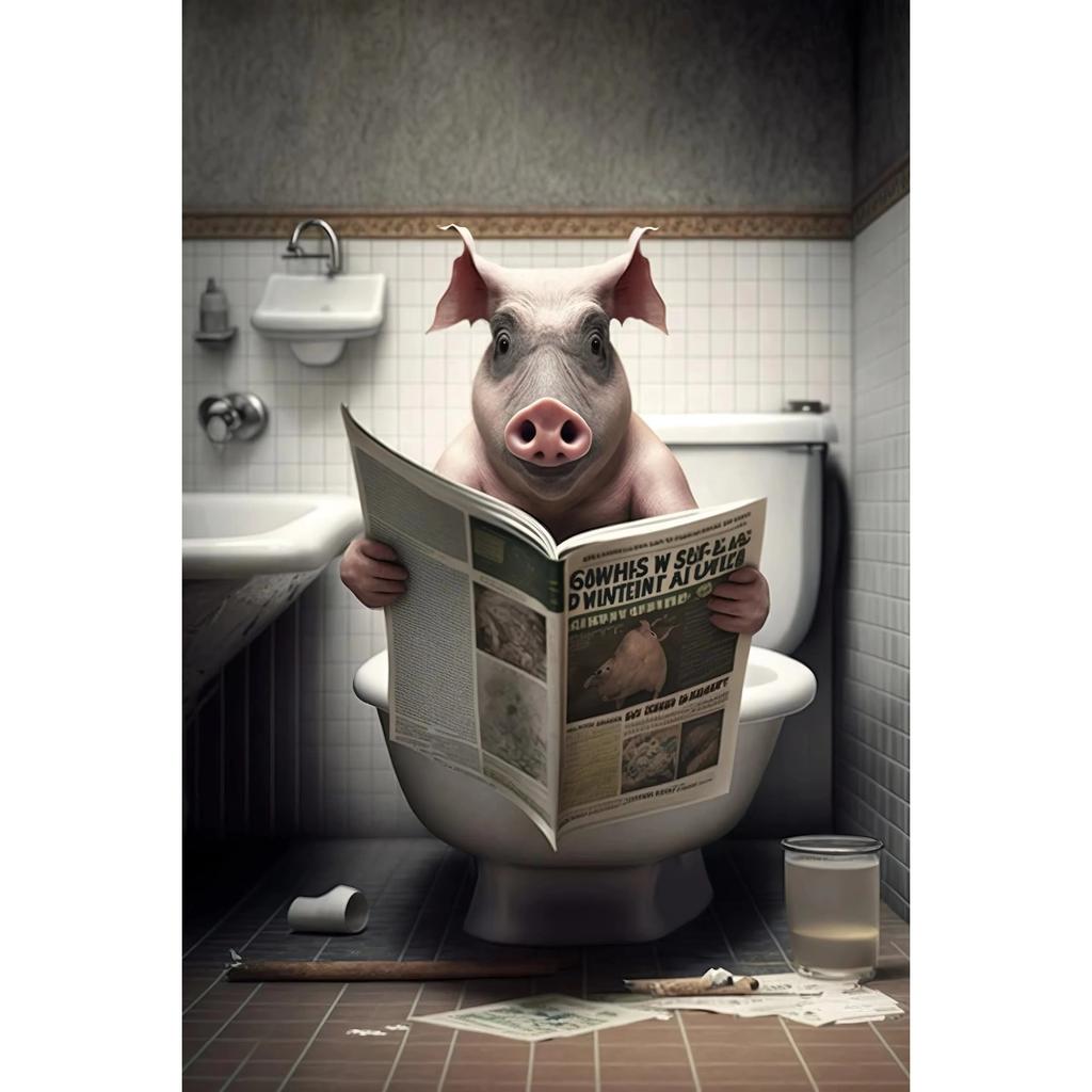 Funny Bathroom Humorous Animal Wall Canvas Paintings Decor Bear Dog Tiger Sitting On Toilet Reading Newspaper Poster Art Print