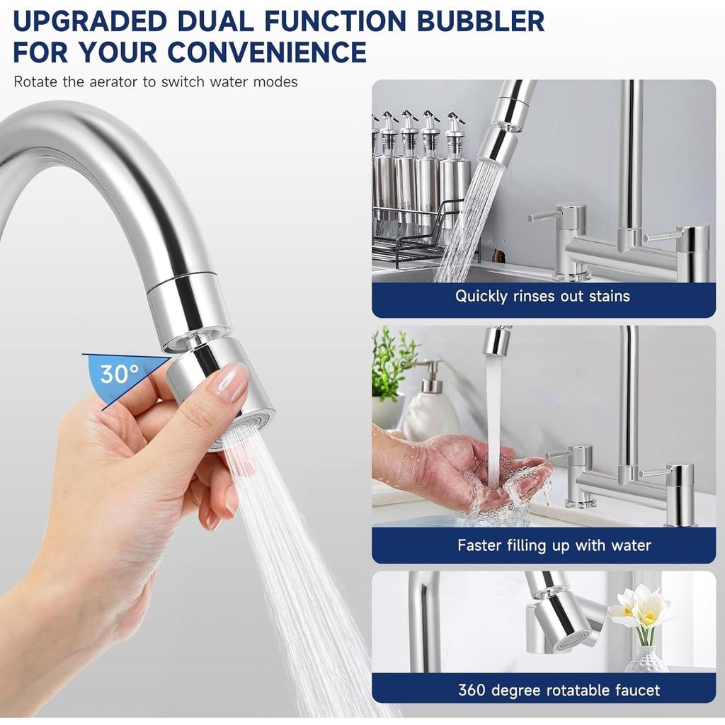 Kitchen Bridge Mixer Taps with 360° Swivel Spout, 2 Hole Sink Mixer Taps Dual Levers Faucet, 180 Mm Centers Deck Mounted Chrome Sink Tap 2 Function