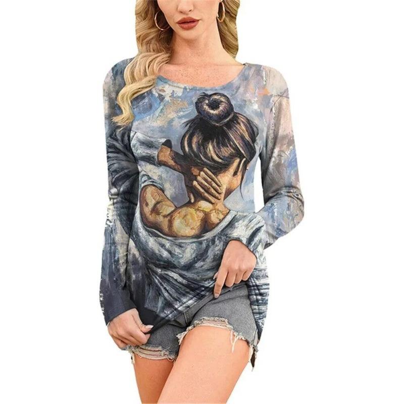 European and American Fashion Oil Painting Style Printed Casual Long Sleeved T-shirt O Neck Oversized Tees Tops Women's Clothing
