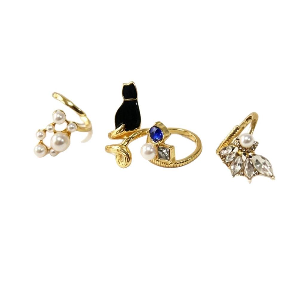 Korean Style Gemstone Cat Pearl Nail Art Ring Set - 4 Pieces