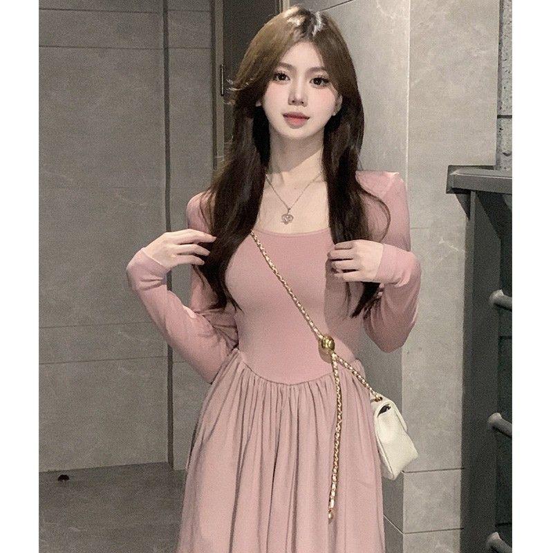 French Chic Pink A-Line Dress: Sexy, Sweet Slim Fit for Spring & Autumn Large