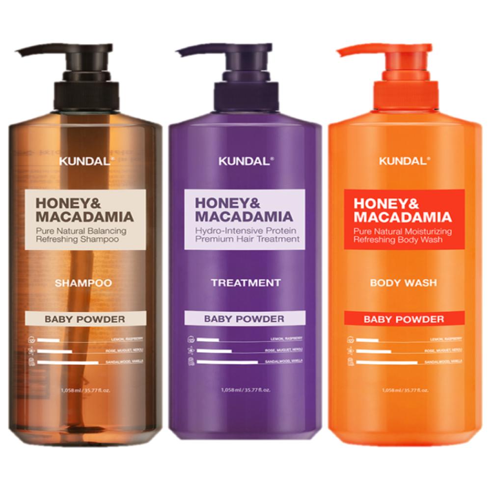 KUNDAL Nature Shampoo 500ml + Treatment 500ml + Body Wash 500ml Baby Powder Fragrance, 1 Set, 500ml