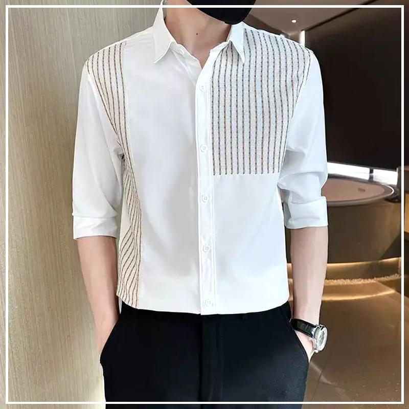 Spring and Autumn Korean Edition Trendy Polo Collar Stripe Block Color Light Mature Style Design Sense Three Quarter Shirt