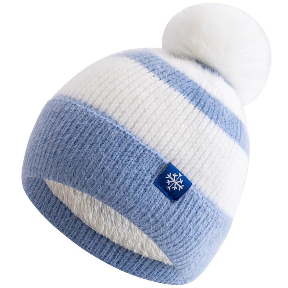 New Style Snow Label Beanie Hat Color Blocked Style Plush Fur Lined Pompoms Warm Winter Hat Fashion Y2k Beanie For Woman Girl