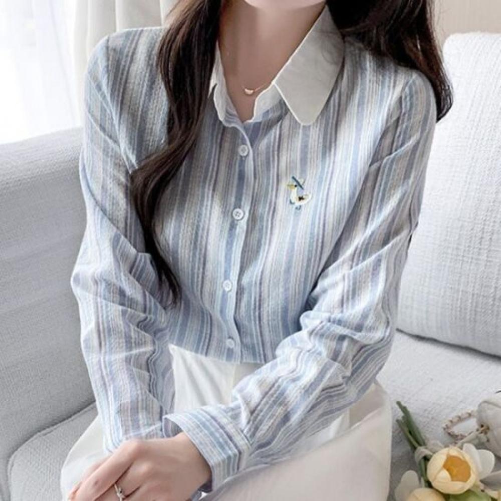 Navava Casual Stripe Embroidery Point Long Sleeve Shirt Nb3043