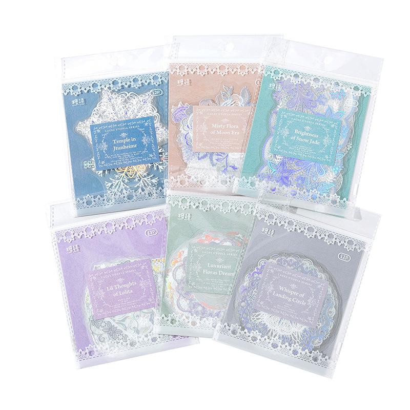 12Pcs Lace Silver Foil Stickers Multi-Style Patterns Greeting Card Envelope Gift Wrapping Art Embellishment