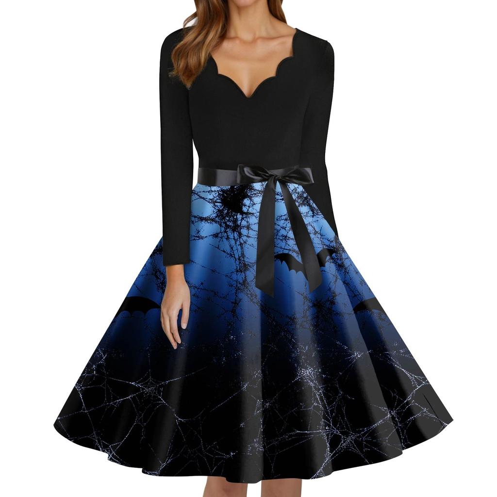 Women's Fashion V-Neck Casual Slim Fit Halloween Printed Long Sleeve Dress