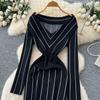 Autumn Winter Women Casual V-neck Full Sleeve Striped Knitted Sweater Slim Bodycon Sheath Dresses
